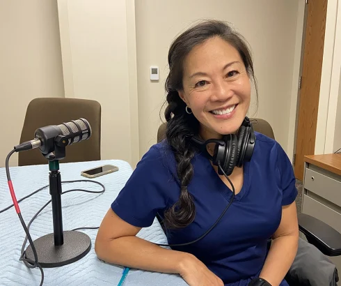 Judy in podcast studio